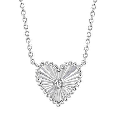 14K W/G Fluted Diamond Heart Necklace, D: 0.02ct