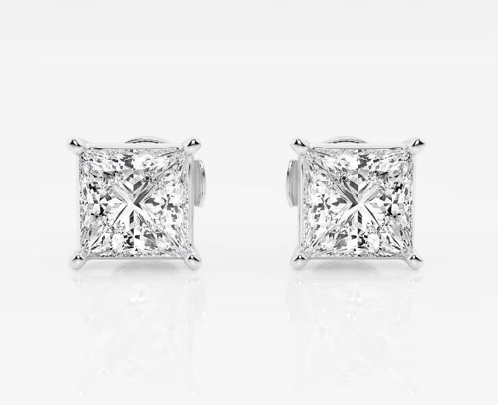 LAB Princess Cut Diamond Studs, D: 3ct, FG, VS1-2