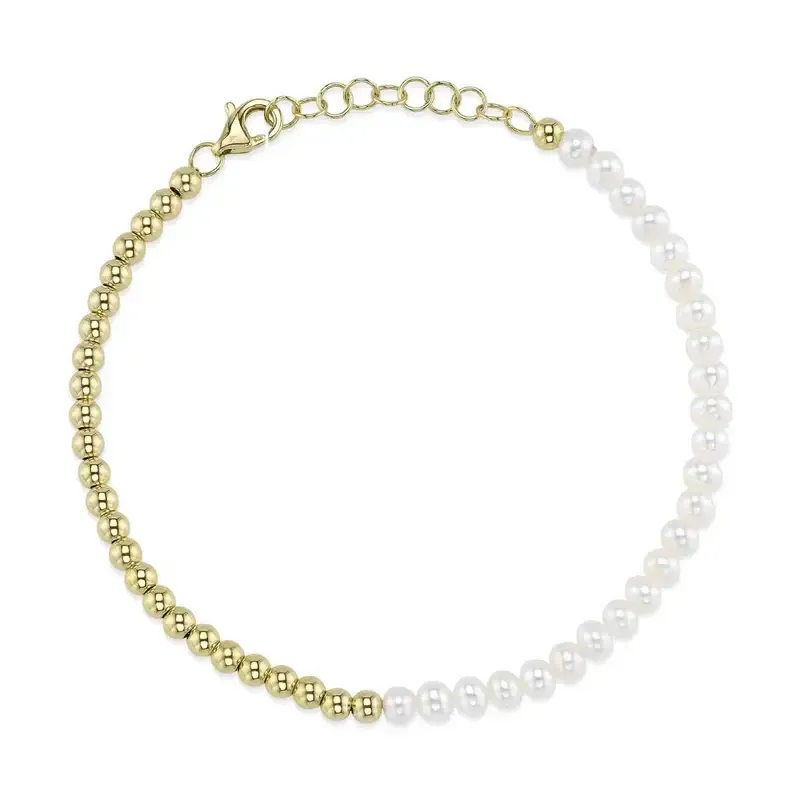 14K Y/G Pearl and Gold Ball Bracelet