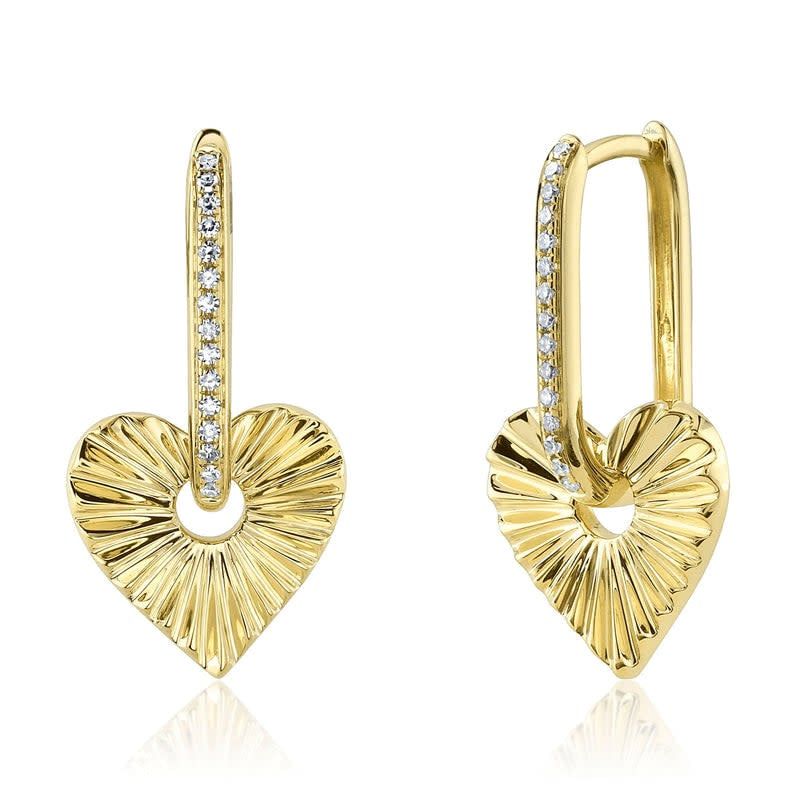 14K Y/G Fluted Heart Dangle Earrings, D: 0.08ct