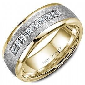 AL- 14K W/G &amp; Y/G 7.5mm 9 Stone Diamond Band,  D: 0.45ct, Diamond Brush Finish
