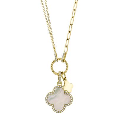 14K Y/G Mother of Pearl Clover Paperclip Necklace