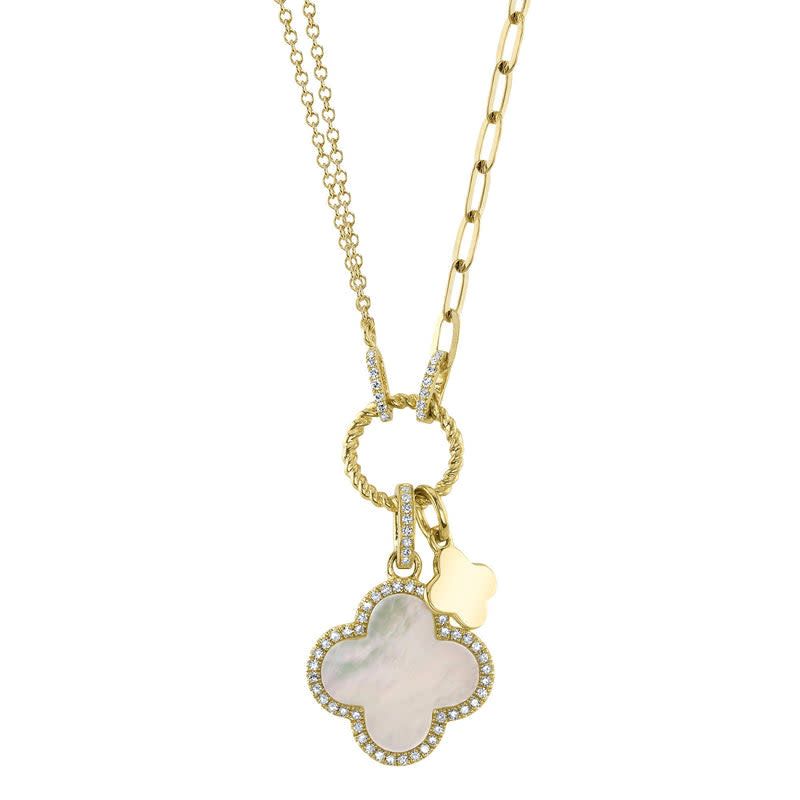 1.36 carat mother of pearl clover necklace accented with 0.17 of diamonds and set in 14k yellow gold 