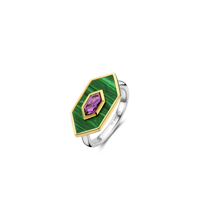 Geometric Malachite Jeweled Ring crafted in gold plated 925 Sterling Silver with a dash of amethyst purple at its center