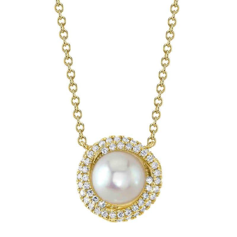 14K Y/G Pearl and Diamond Necklace, P: 6.5mm, D: 0.13ct