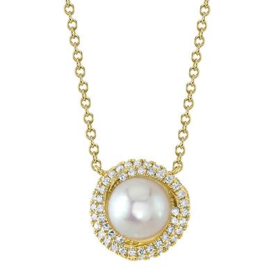 14K Y/G Pearl and Diamond Necklace, P: 6.5mm, D: 0.13ct