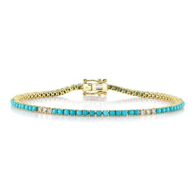 14K Y/G Turquoise &amp; Diamond Tennis Bracelet, T: 2.88ct, D: 0.39ct