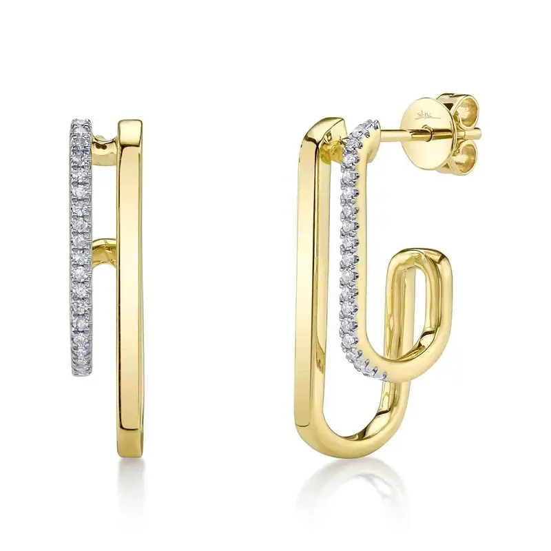 14K Y/G Double Diamond Paperclip Cuff Earrings, D: 0.10ct