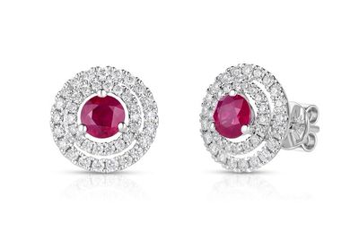 14K W/G Ruby &amp; Double DiaHalo Studs, R: 0.69ct, D: 0.38ct