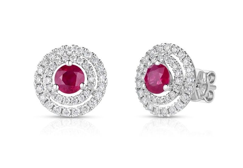 14K W/G Ruby &amp; Double DiaHalo Studs, R: 0.69ct, D: 0.38ct