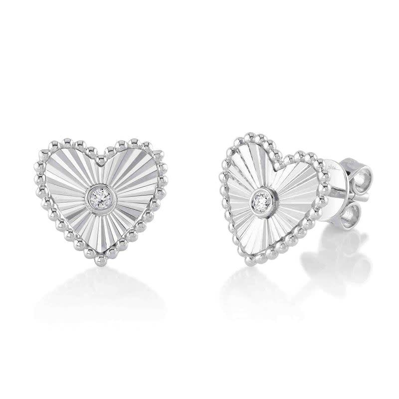 14K W/G Fluted Diamond Heart Stud Earrings, D: 0.04ct