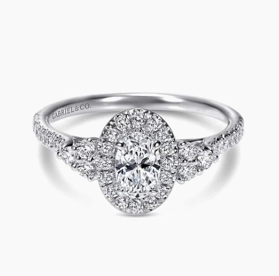 14K White Gold Oval Halo Dia Eng Ring, D: 0.33ct. G-H, SI2, TW: 0.66ct
