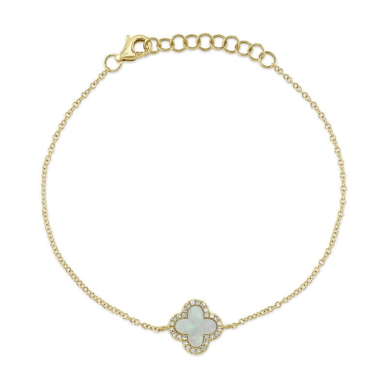 14K Y/G Mother of Pearl Clover Bracelet, D: 0.07ct, MOP: 0.40ct