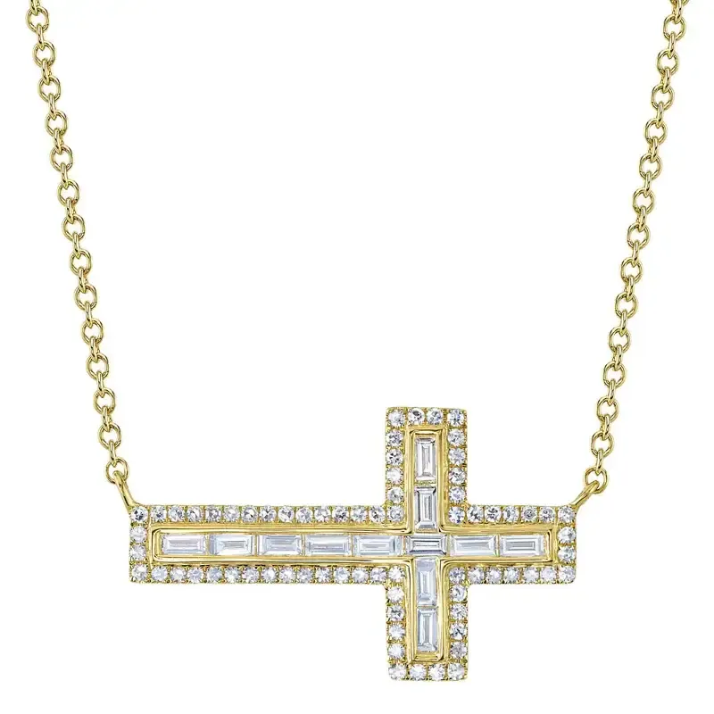 14K Y/G Sideways Baguette Diamond Cross