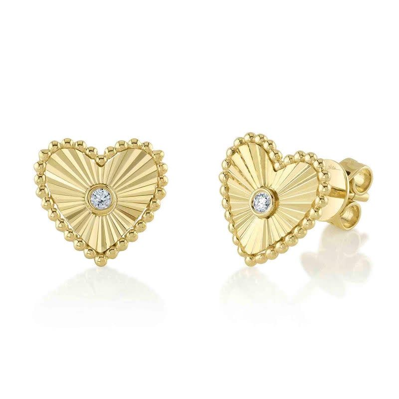 14K Y/G Fluted Diamond Heart Stud Earrings, D: 0.04ct