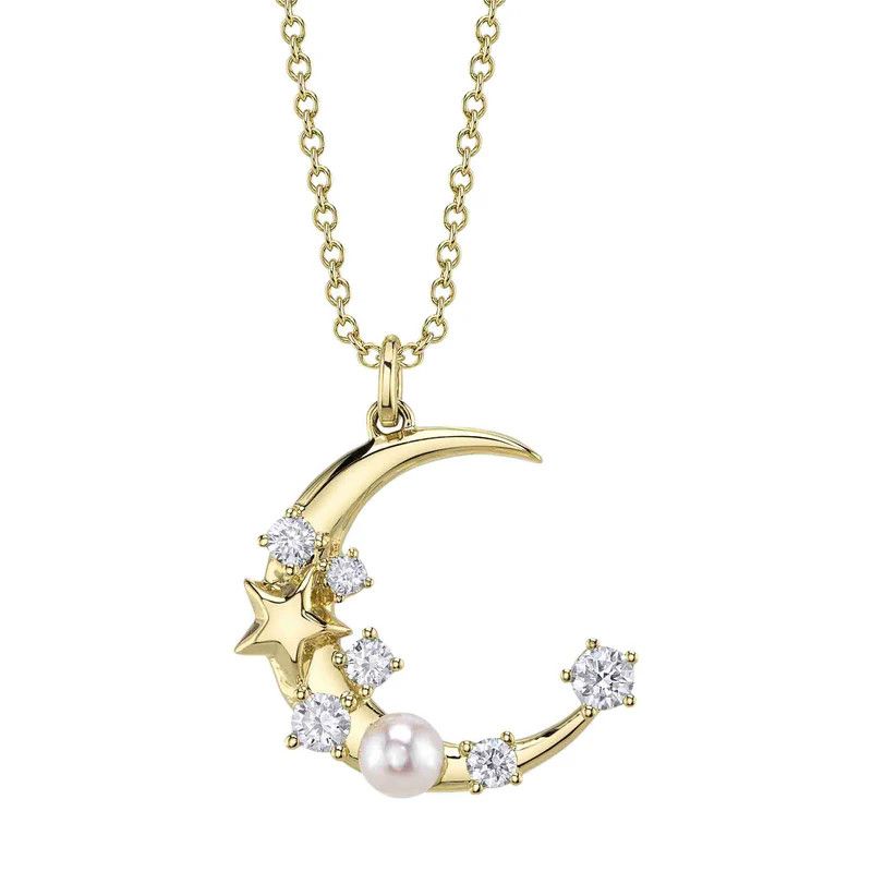 14K Y/G Pearl and Diamond Crescent Moon Necklace