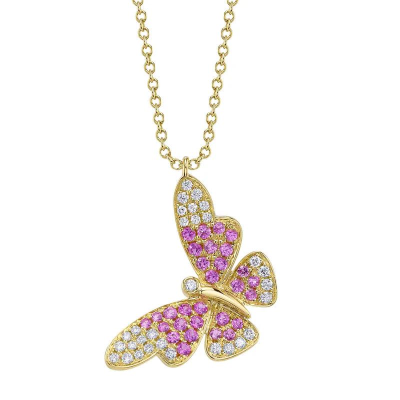 14K Y/G Pink Sapphire &amp; Diamond Butterfly Necklace