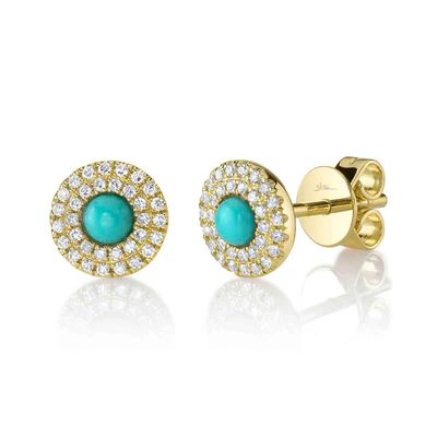 14K Y/G Double Diamond Halo Turquoise Earrings