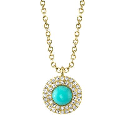 14K Y/G Double Diamond Halo Turquoise Necklace