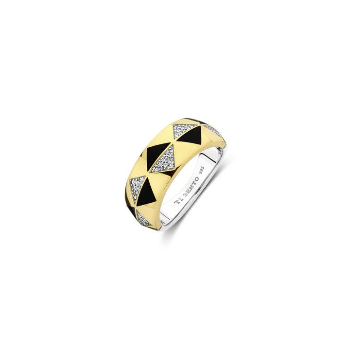 Yellow Plated Pave and Black Inlay Geometric Ring