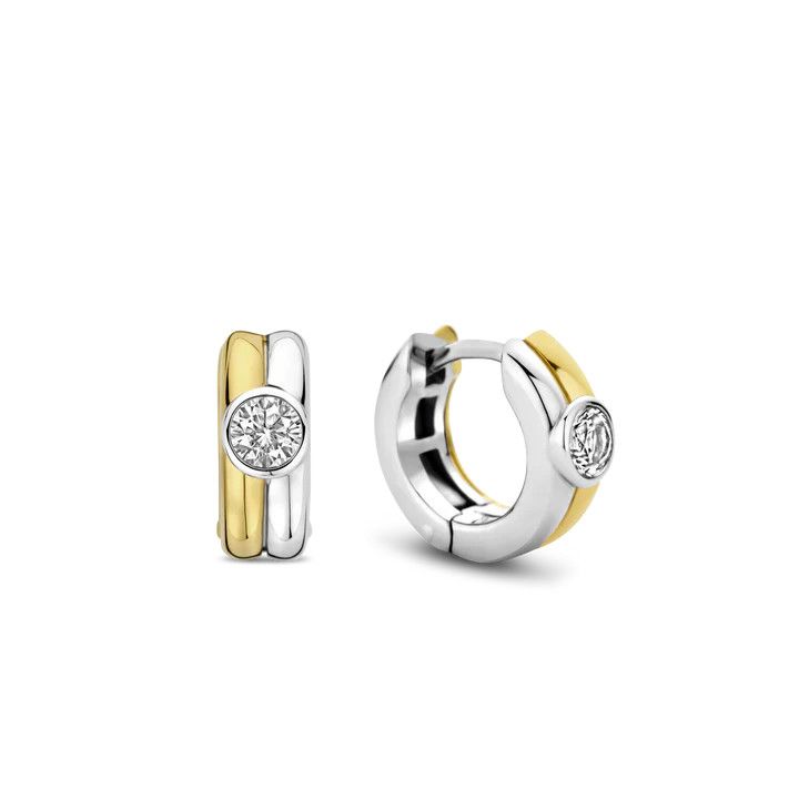 2-Tone Huggie Style Earrings with Bezel-Set Zirconia