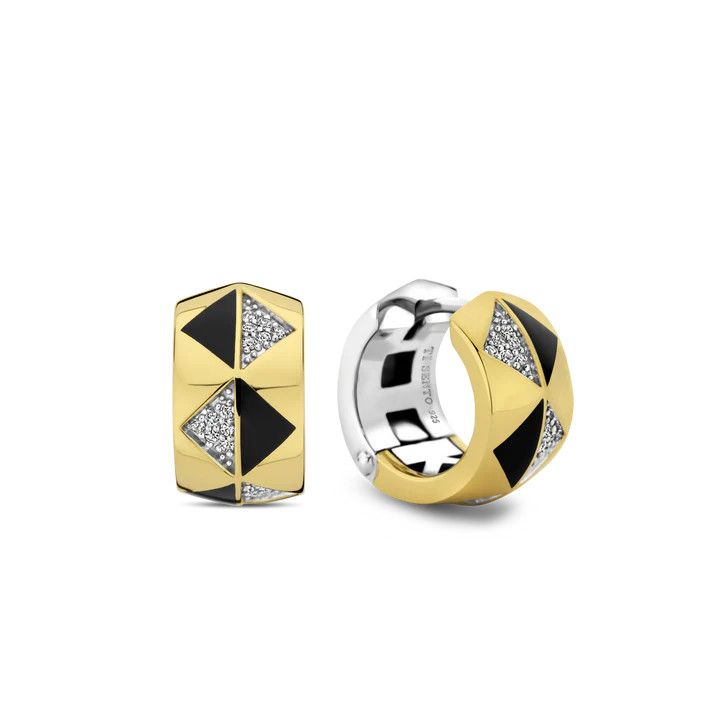 Yellow-Plated Pavé and Black Inlay Geometric Huggies