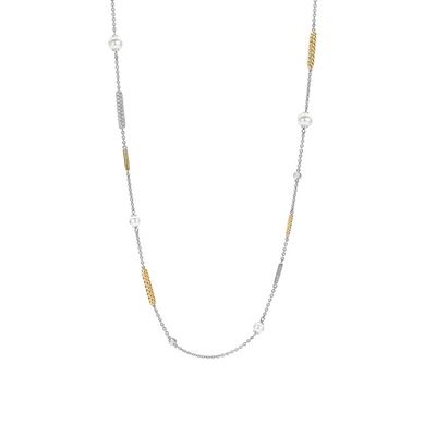 Long Necklace with Twisted Accents, Alternating Silver Elements &amp; Pearl