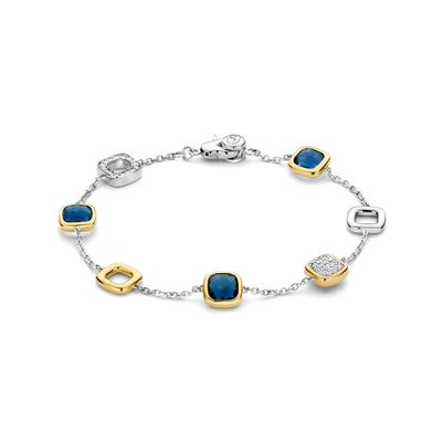 23080DB- Blue Stone, Yellow Gold Plated and Pave Square Bracelet