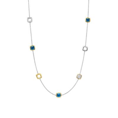 Blue Stone, Yellow Gold Plated and Pave Square Necklace