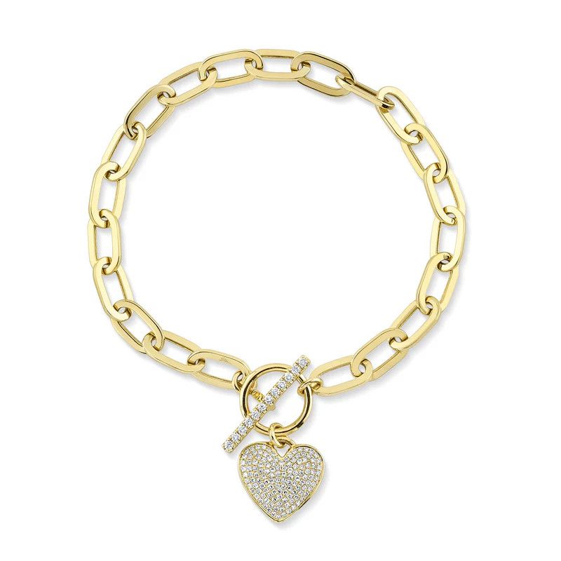 14K Y/G  Diamond Paperclip Link Pave Heart Bracelet, D: 0.41ct