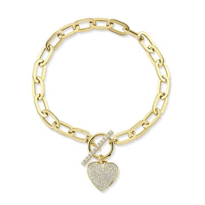 14K Y/G  Diamond Paperclip Link Pave Heart Bracelet, D: 0.41ct