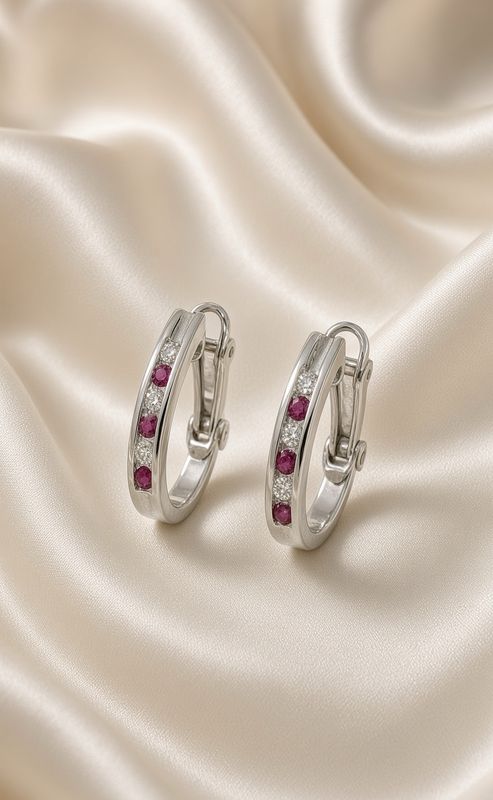 14K W/G Ruby &amp; Dia Hoop Earrings, R: 0.25ct, D: 0.25ct