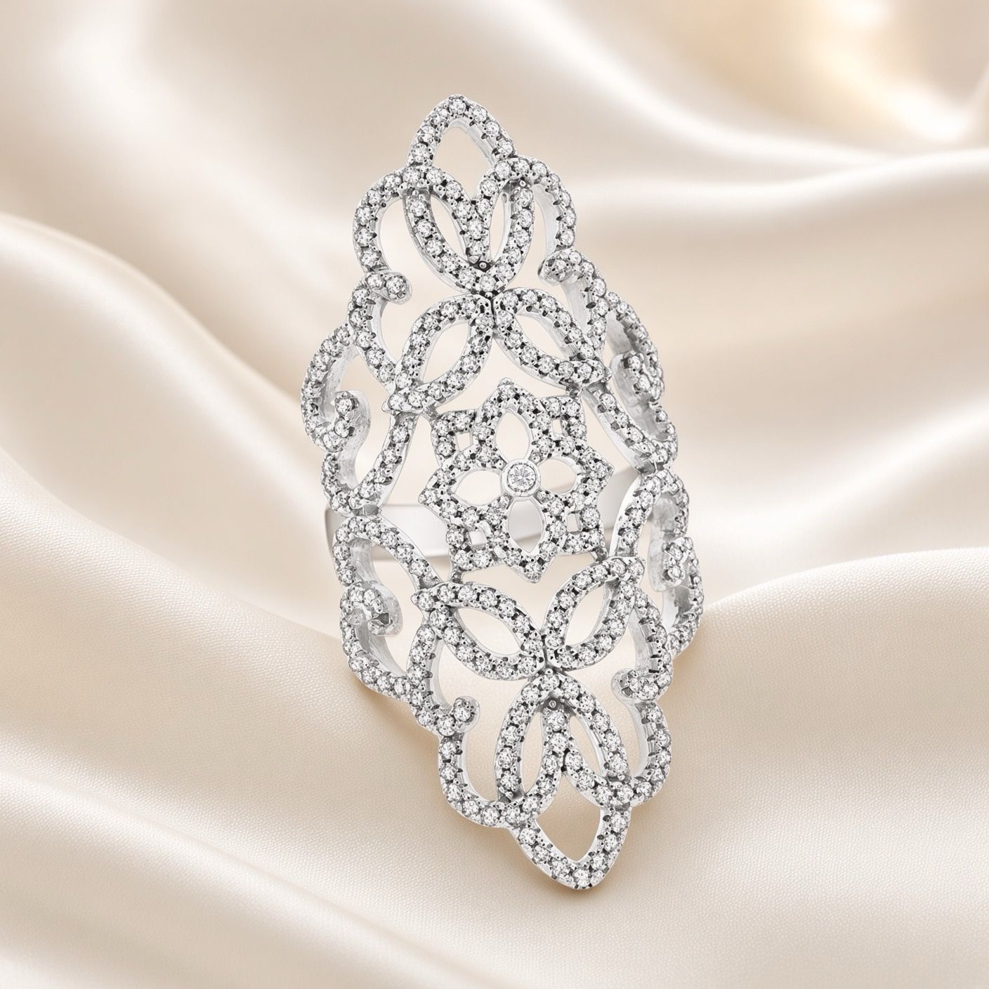 14K W/G Long Lace Diamond Ring, D: 1.30ct,  size 7