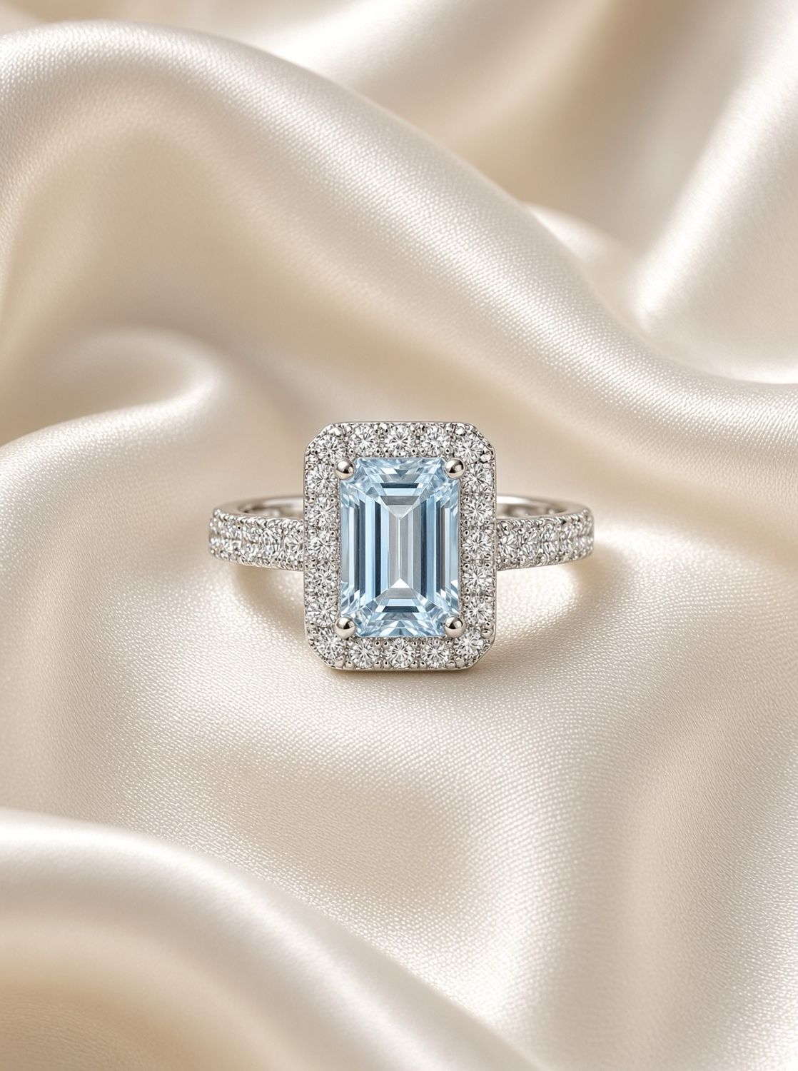Emerald-Cut Aquamarine &amp; Diamond Halo Ring