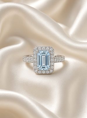 Emerald-Cut Aquamarine &amp; Diamond Halo Ring