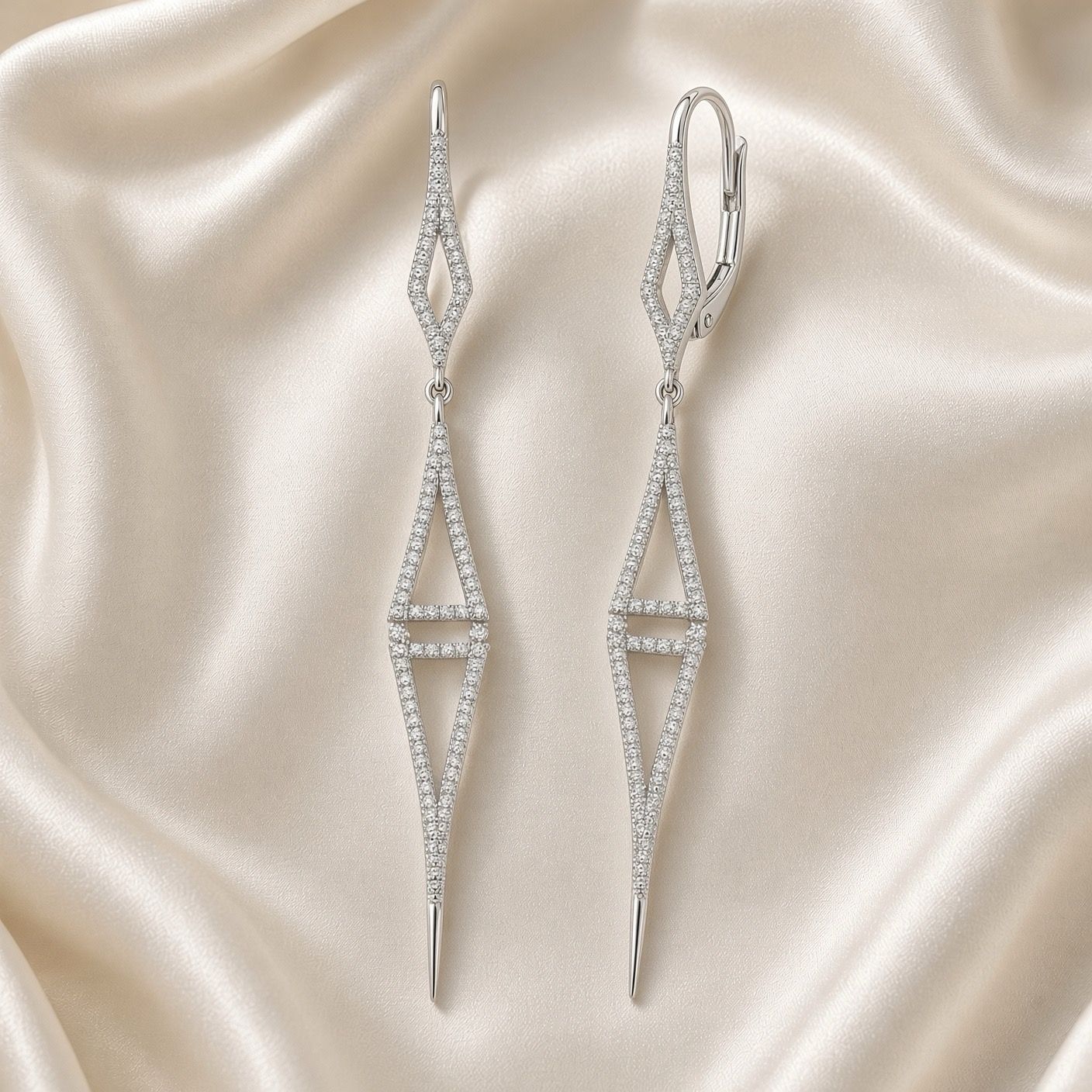 14K W/G Triangle Long Drop Earrings, D: 0.85ct