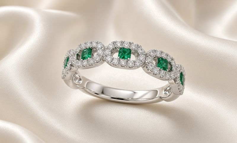 18K W/G Emerald and Diamond Ring, E: 0.10ct, D: 0.29ct