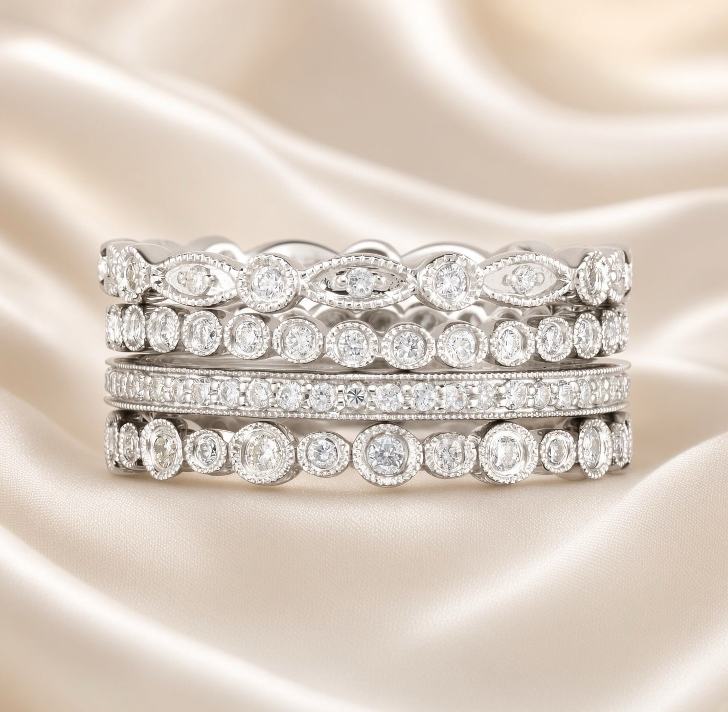 14K W/G Stackable Diamond Eternity Rings Set, D: 0.83ct