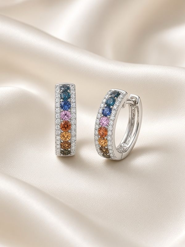 18K W/G Multi Color Sapphire &amp; Diamond Earrings, S: 1.20ct, D: 0.33ct