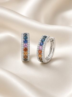 18K W/G Multi Color Sapphire &amp; Diamond Earrings, S: 1.20ct, D: 0.33ct