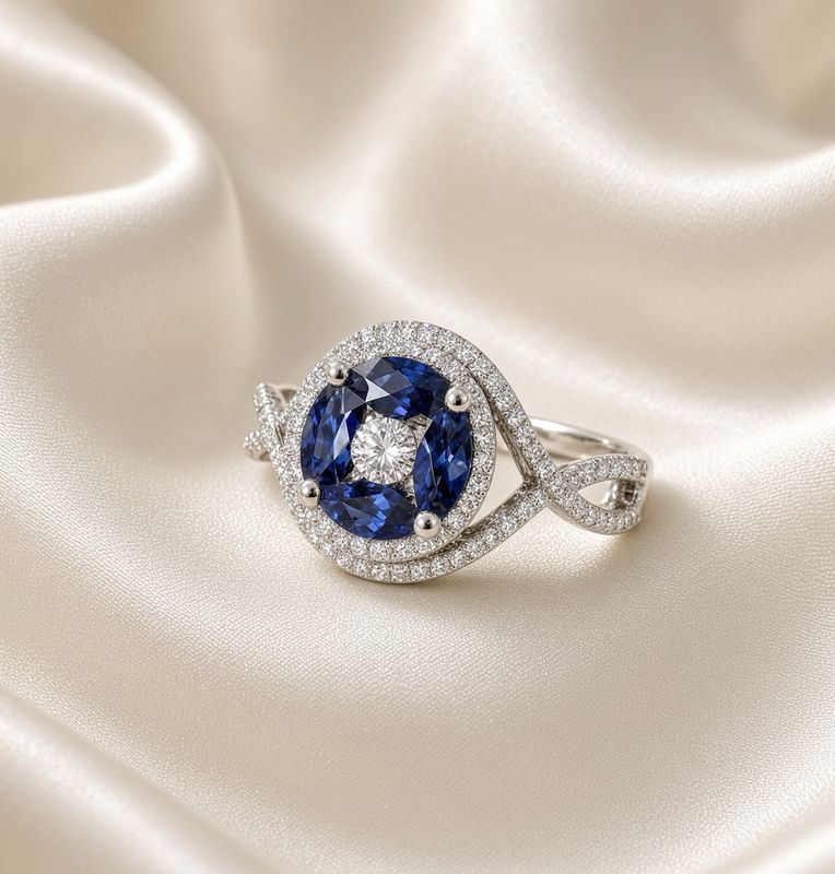 14K W/G Sapphire &amp; Dia Ring, S: 1.10cts, D: 0.51cts
