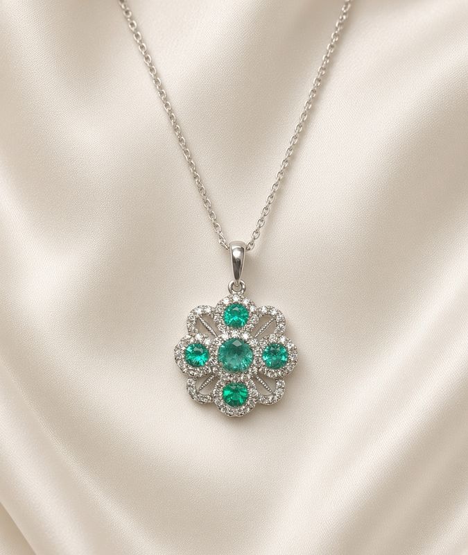 14K W/G Emerald &amp; Diamond Pendant