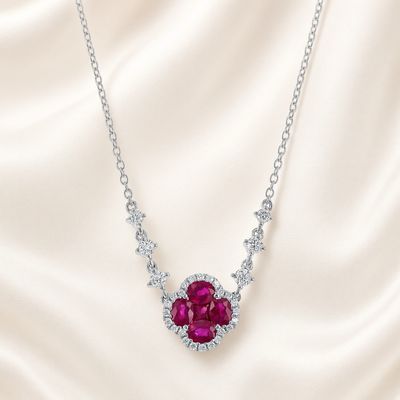 14K W/G Ruby &amp; Diamond Clover Necklace