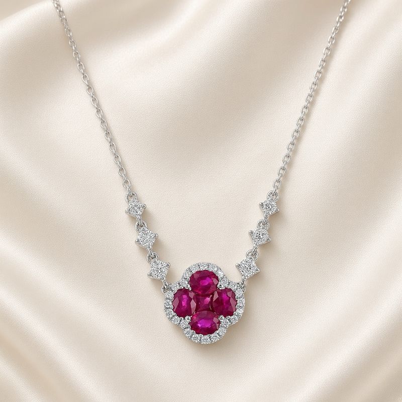 14K W/G Ruby &amp; Diamond Clover Necklace