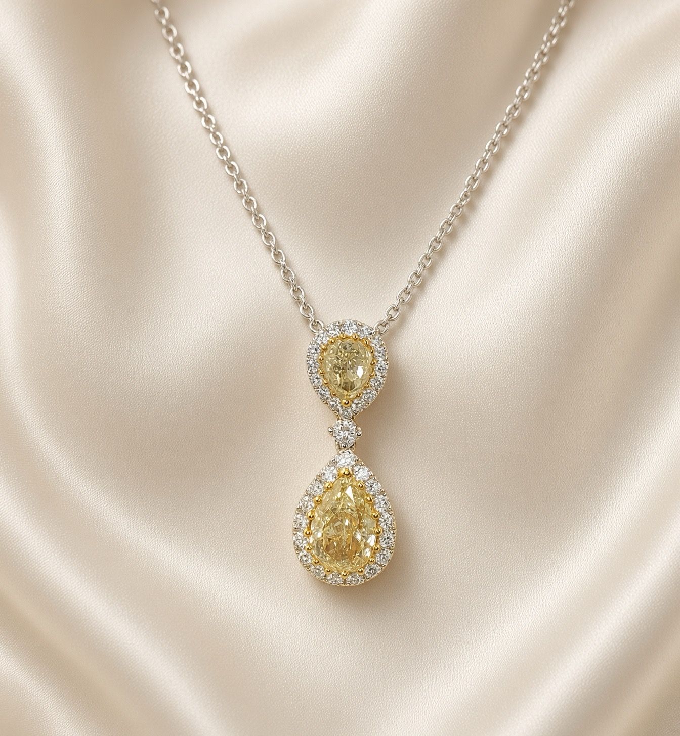 18K W/G Yellow Diamond Pear Necklace, YD: 1.40ct, Rd: 0.39ct