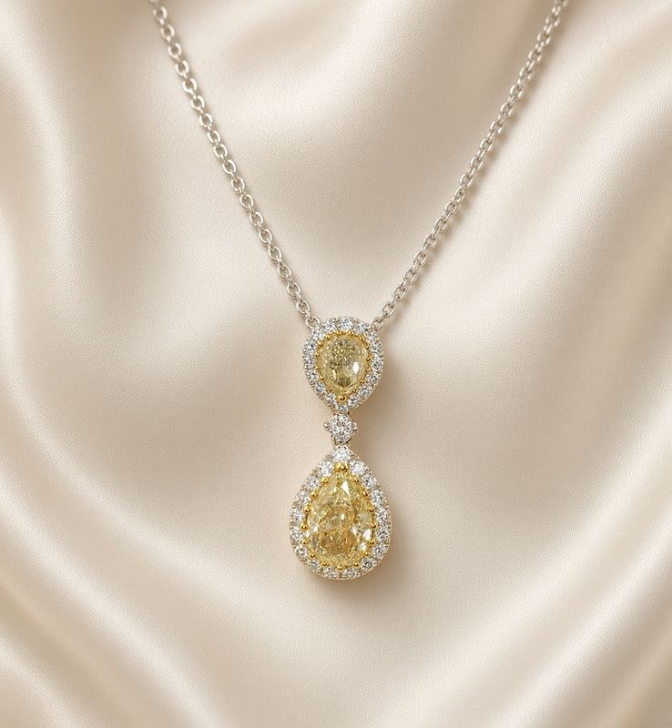18K W/G Yellow Diamond Pear Necklace, YD: 1.40ct, Rd: 0.39ct