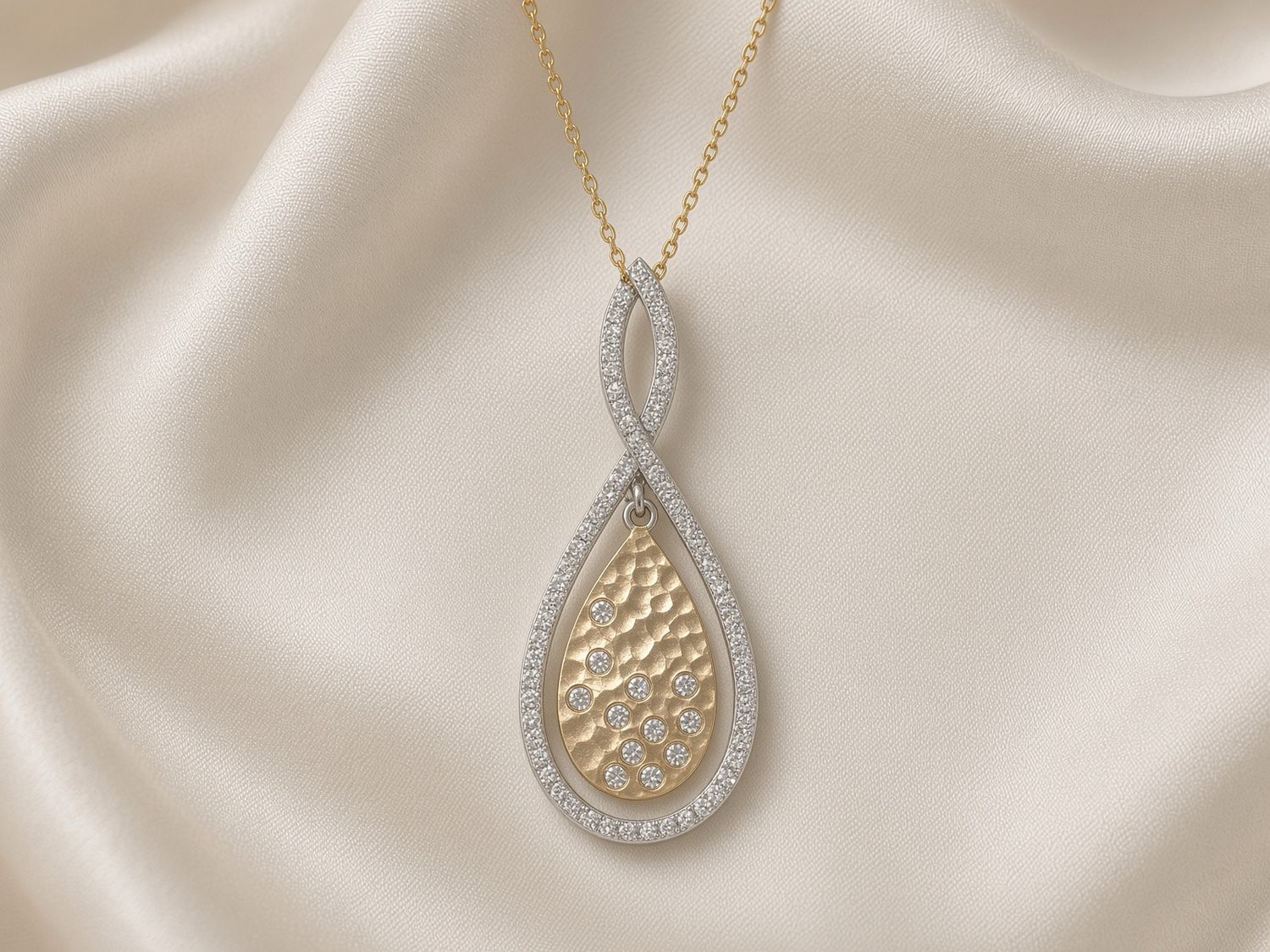 14K 2-tone Hammered Diamond Necklace, D: 0.62ct