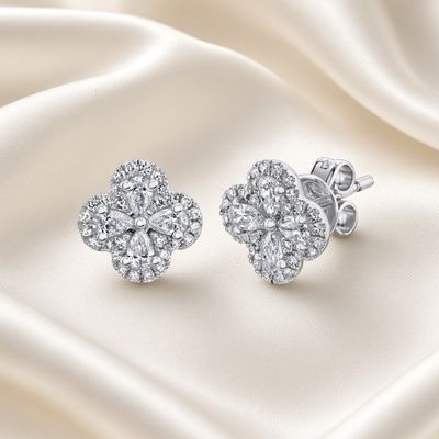 14K W/G Diamond Clover Stud Earrings, D: 0.60ct