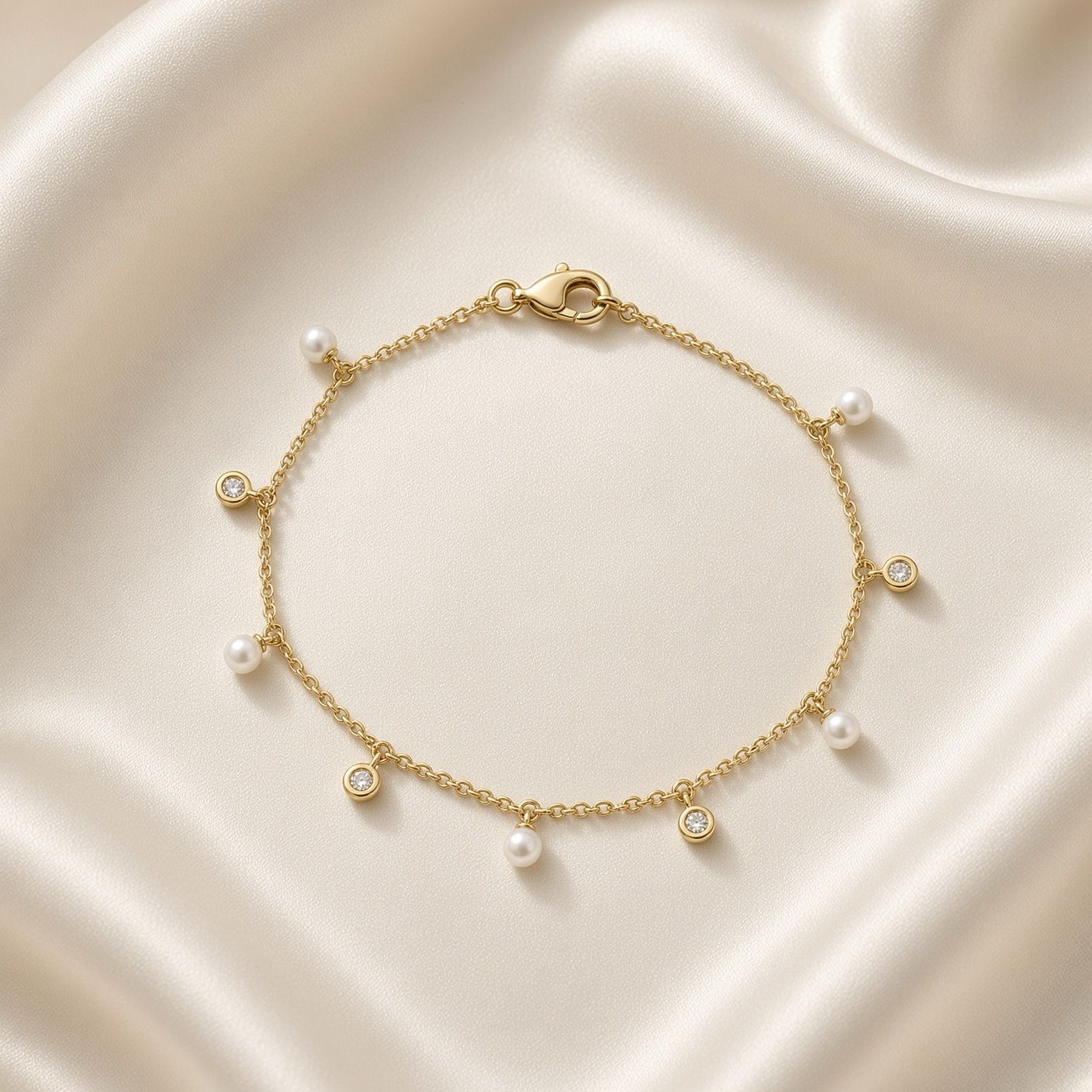 14K Y/G Diamond and Pearl Dangle Bolo Bracelet, D: 0.04ct