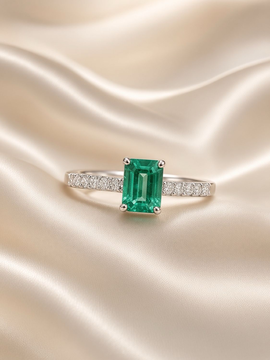 18K W/G Emerald Cut Emerald &amp; Diamond Ring, E: 0.74ct, D: 0.16ct